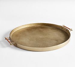Open Box: Handcrafted Beltic Brass &amp; Leather Tray, Round 20" Diam. - Brass