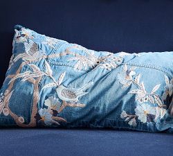 Floral Denim Embroidered Lumbar Pillow Cover
