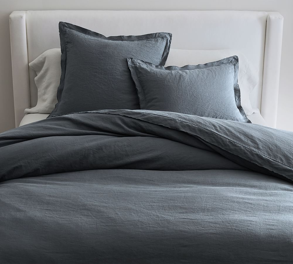 Belgian Flax Linen Double Flange Duvet Cover steel blue