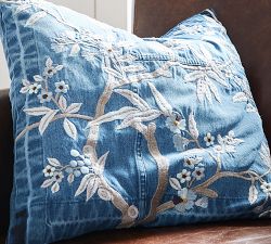 Denim Floral Embroidered Pillow Cover