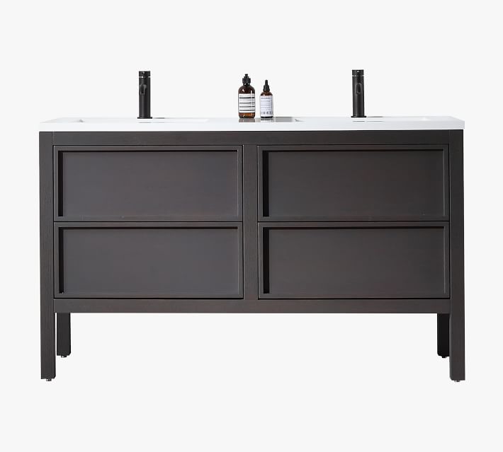 Product shot of dark gray double vanity with white countertop and bottles on top.