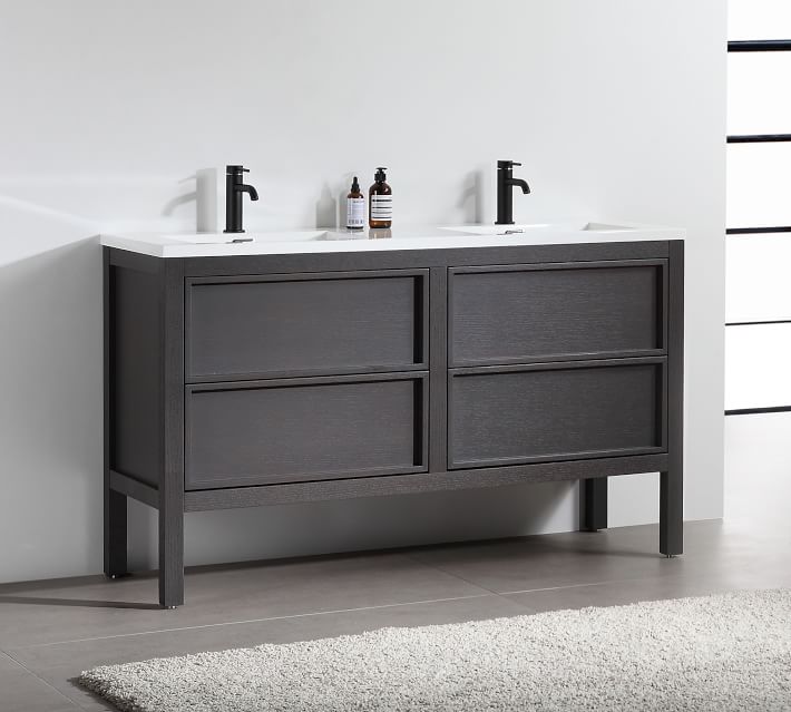 Four-drawer bathroom vanity with double sinks, dark wood finish.