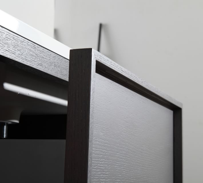 Close-up of wood frame edge joinery of vanity.