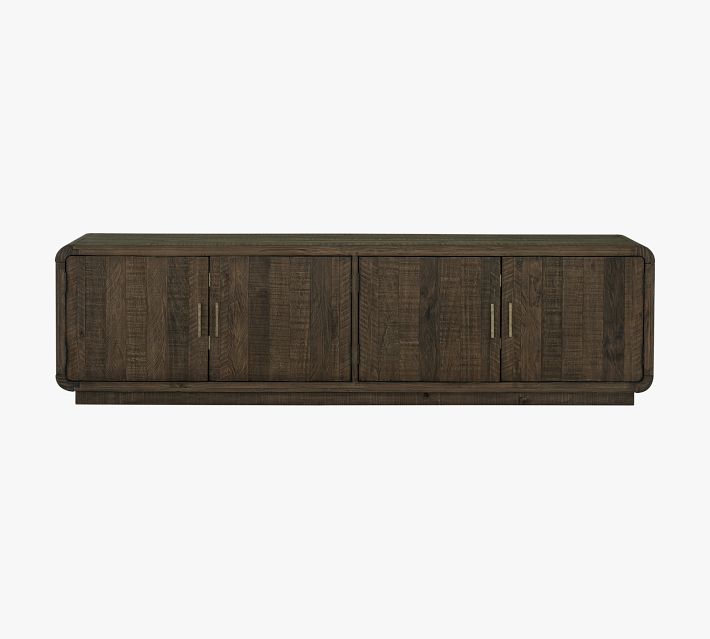 A single image of the entire dark wooden sideboard from a front-on view with four cabinet doors.