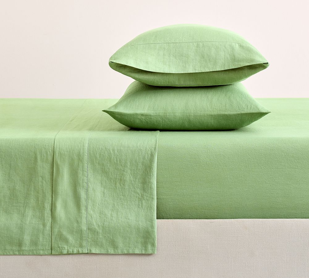 Belgian Flax Linen Hemstitch Sheet Set - Spring Green, Full