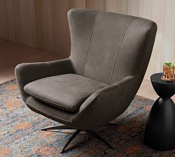 Open Box: Wells Leather Petite Swivel Armchair (31") - Aviator Blackwood, Bronze Base