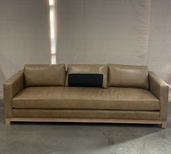 Open Box: Jake Petite Leather Grand Sofa with Wood Base (96"), Down Blend Wrapped Cushions - Legacy Taupe, Seadrift Base