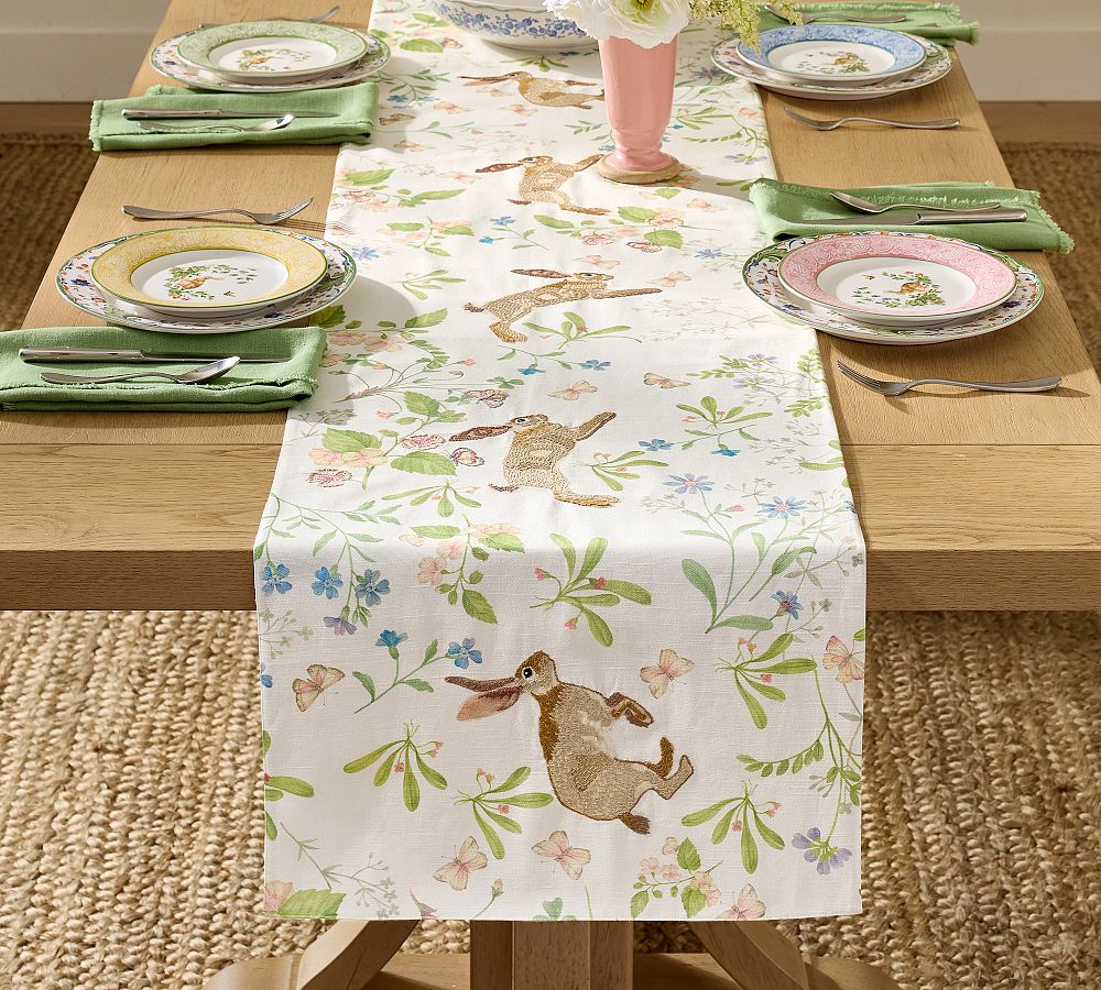 Bunny Embroidered Cotton Table Runner | Pottery Barn