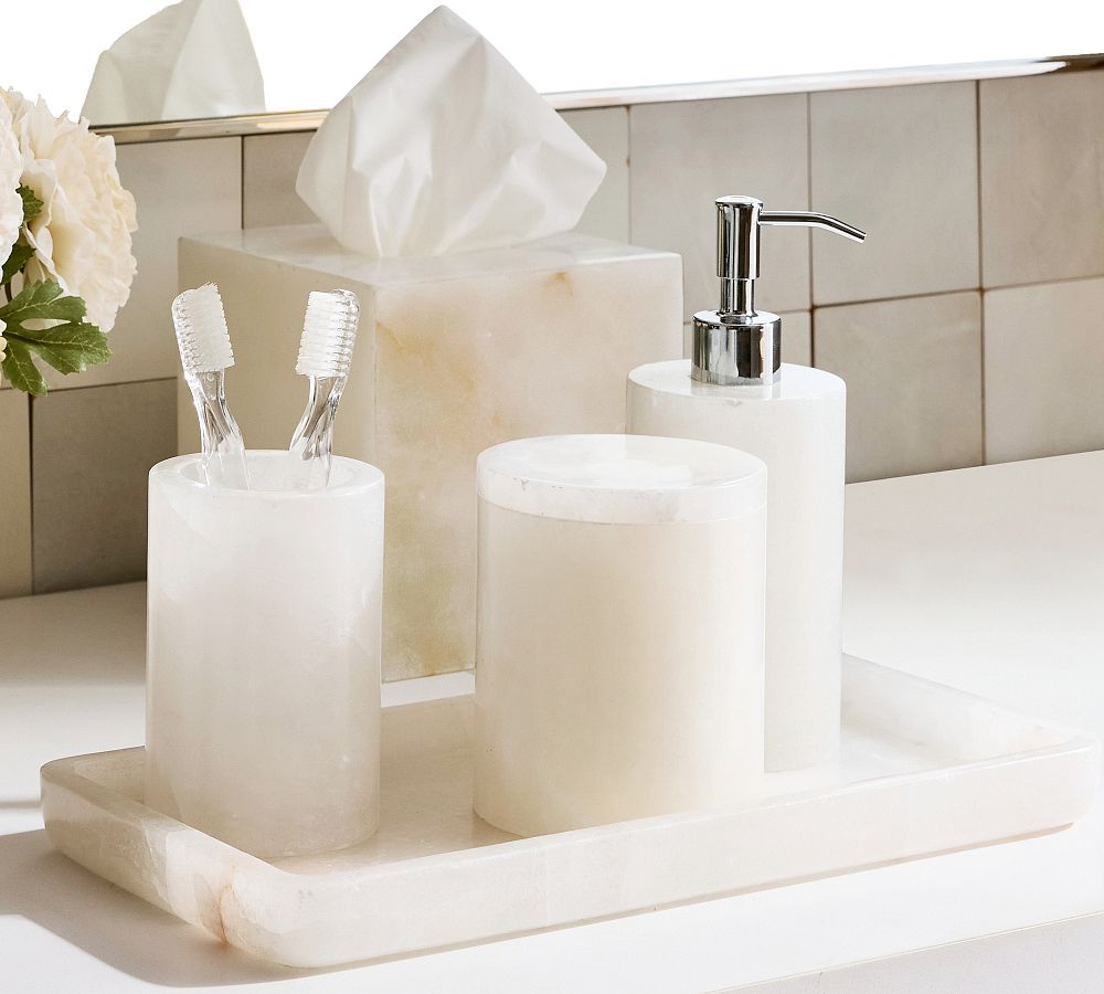 Alabaster Bathroom soap dispenser and toothbrush holder
