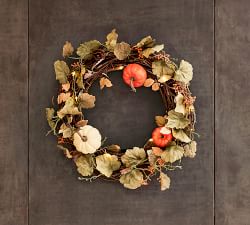 Pre-Lit Faux Natural Pumpkin Wreath &amp; Garland