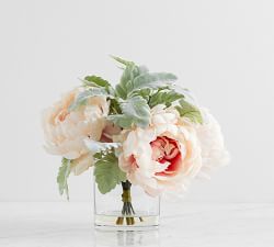 Faux Peony Composed Arrangement in Glass Vase