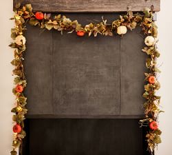 Pre-Lit Faux Natural Pumpkin Wreath &amp; Garland