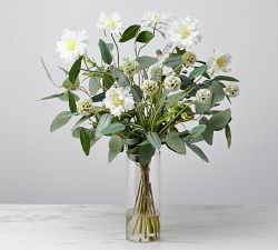 Faux White Scabiosa Arrangement In Glass Vase