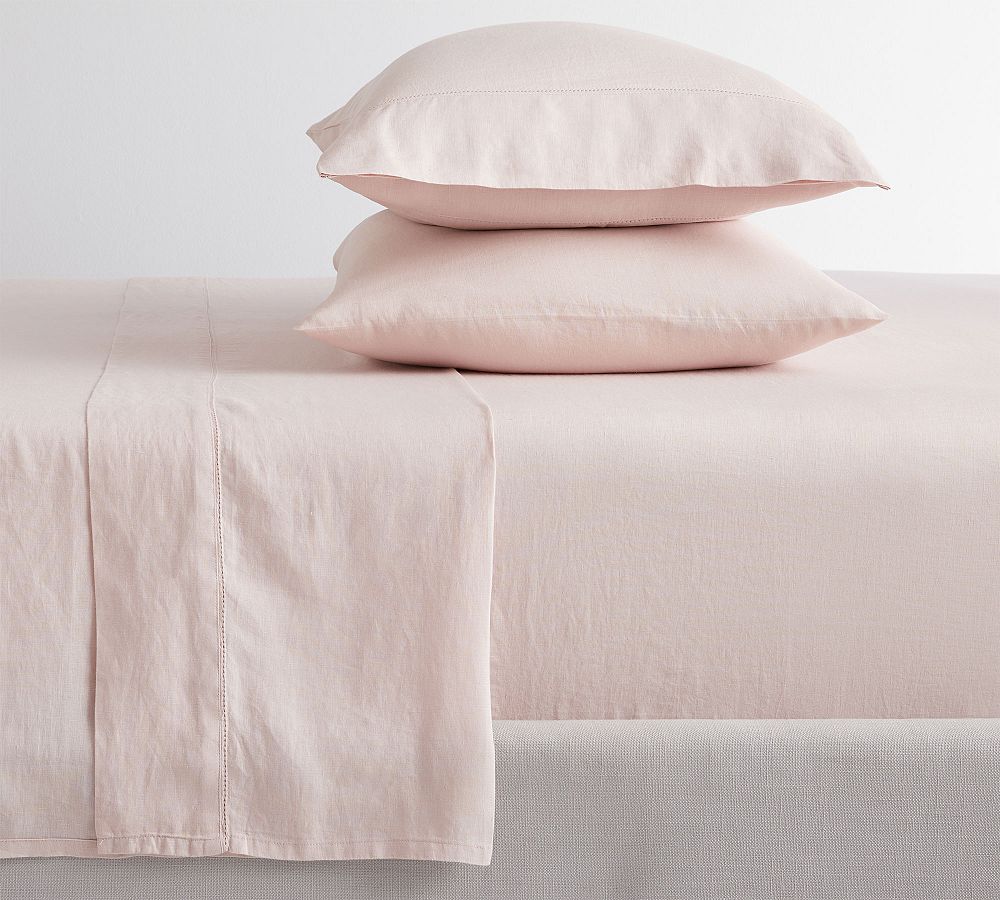 Belgian Flax Linen Hemstitch Sheet Set - Soft Rose, Queen