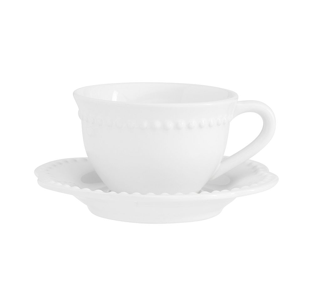 Emma Beaded Stoneware Cup and Saucer Sets - Set of 4 - True White