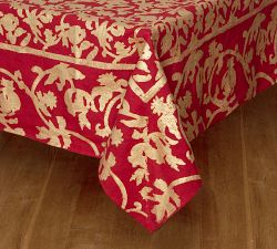 Golden Holiday Belgian Linen Blockprint Tablecloth