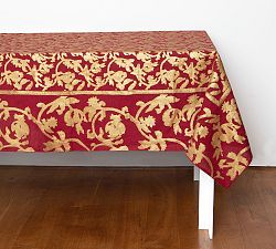 Golden Holiday Belgian Linen Blockprint Tablecloth