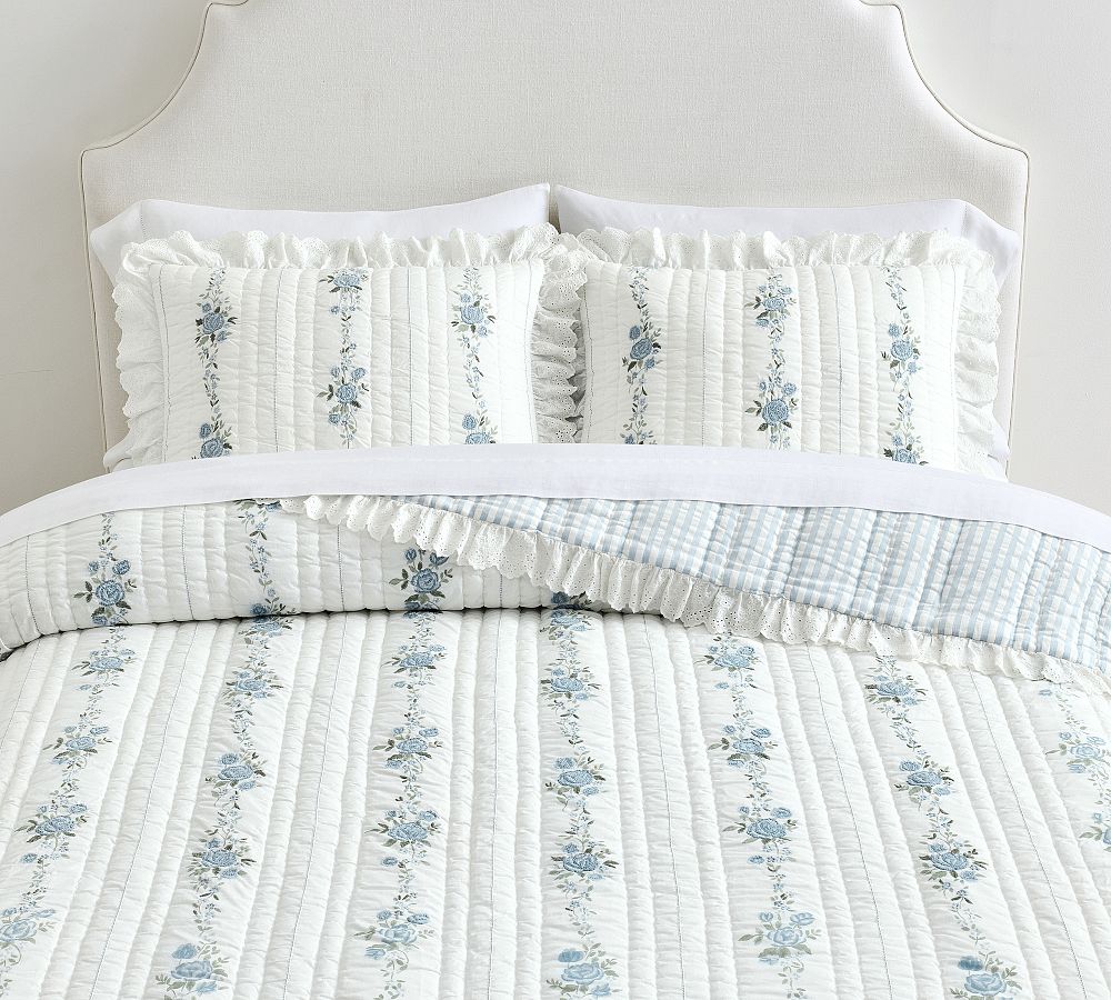 LoveShackFancy Rosette Embroidered Quilt - White/Blue, King/Cal. King