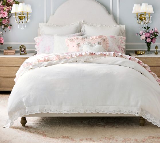 LoveShackFancy Belgian Flax Linen Duvet Cover with Lace Trim