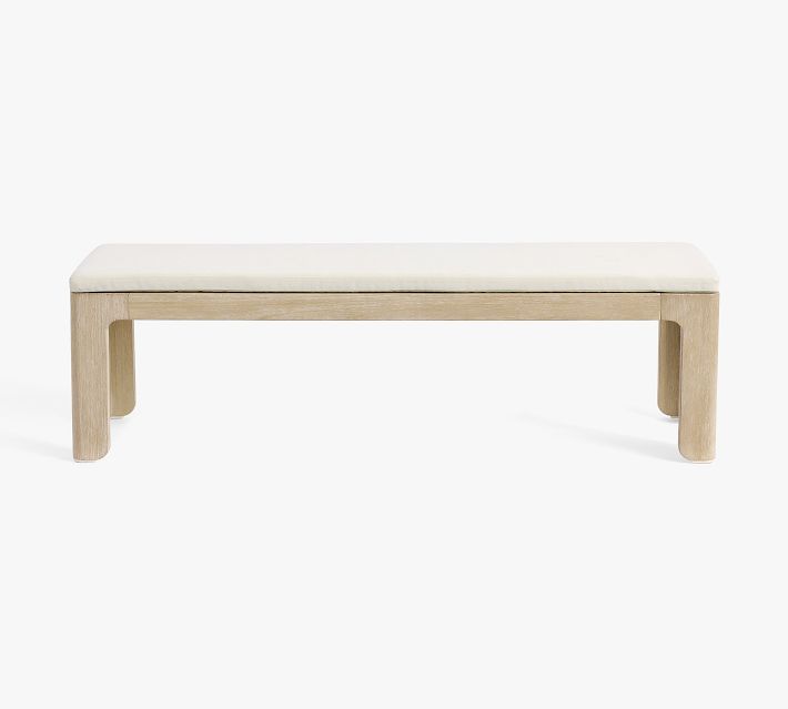 Single bench with white cushion, wood frame, isolated on white background