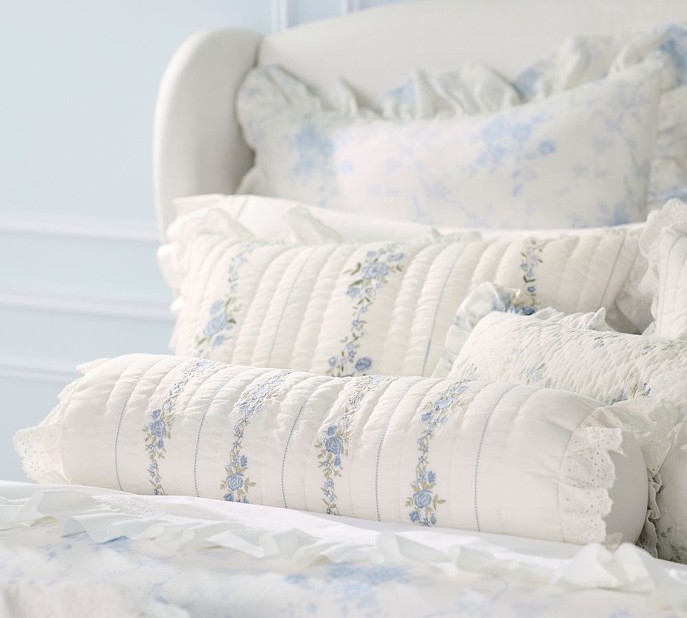 LoveShackFancy Blue Rosette Filled Bolster Pillow - White/Blue, One Size