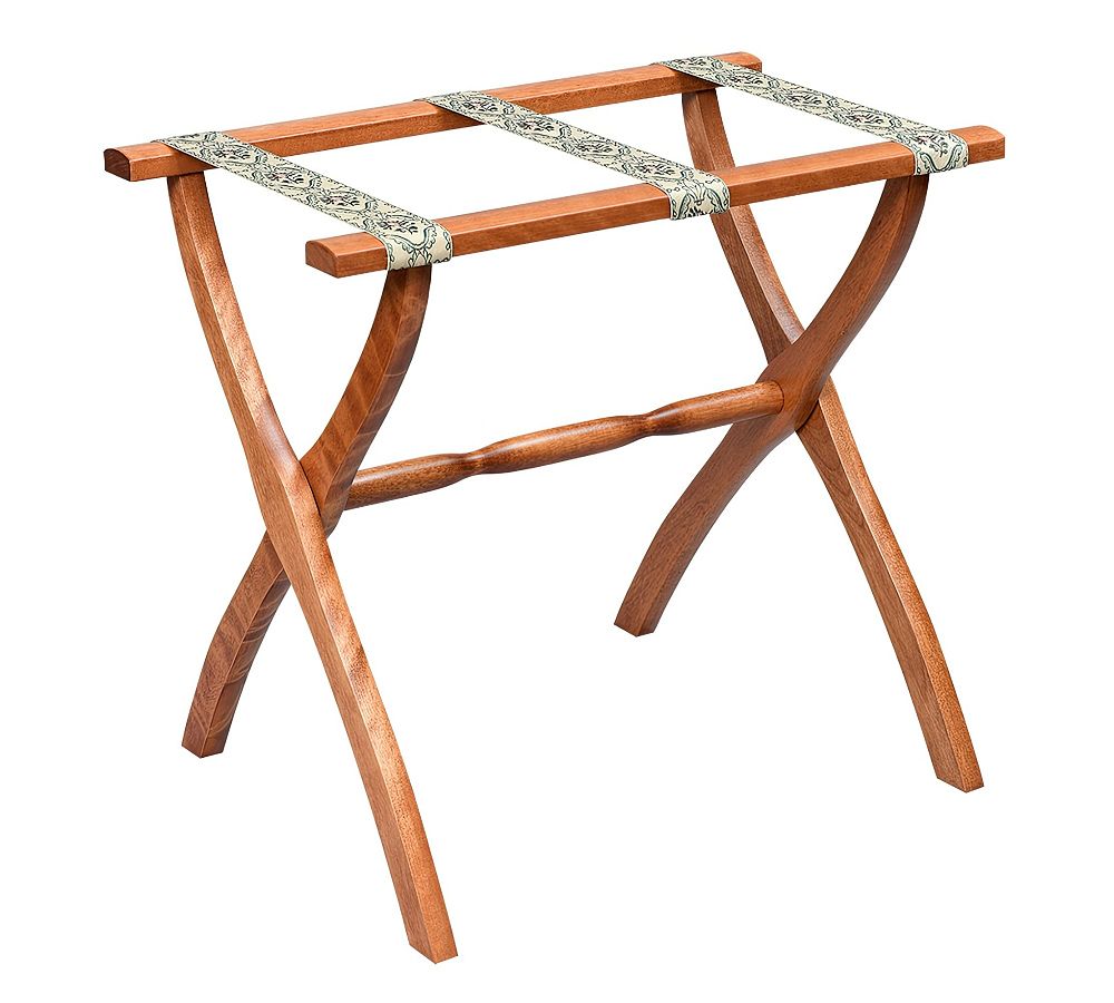 Wood Luggage Rack with Embroidered Straps - Light Walnut