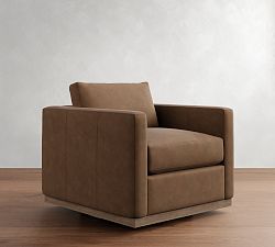 Carmel Slim Arm Leather Wood Base Swivel Chair