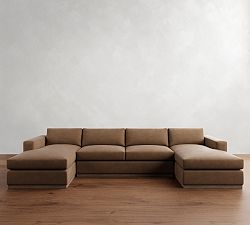 Carmel Wide Arm Leather Wood Base Double Chaise Sectional (144"&ndash;176")