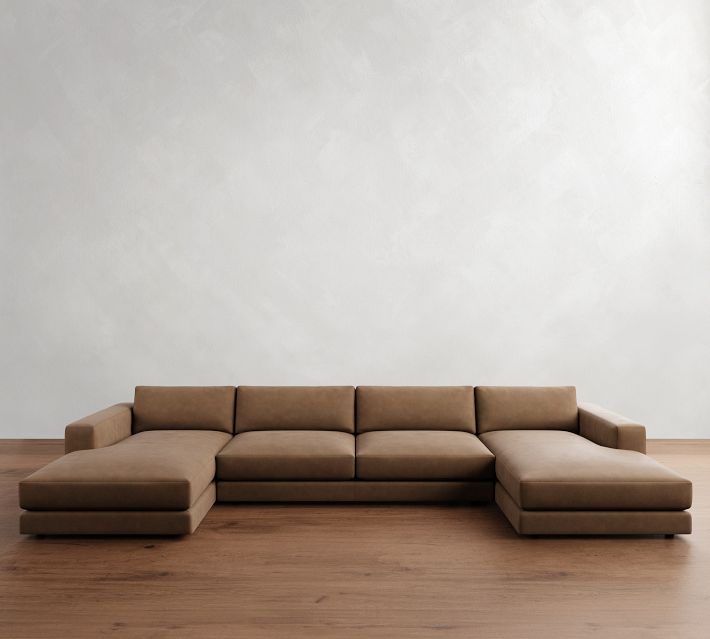 tobacco leather sectional Carmel Lounge Square Arm Leather U-Chaise Loveseat Sectional with Bench Cushion, Down Blend Wrapped Cushions, Keystone Sycamore