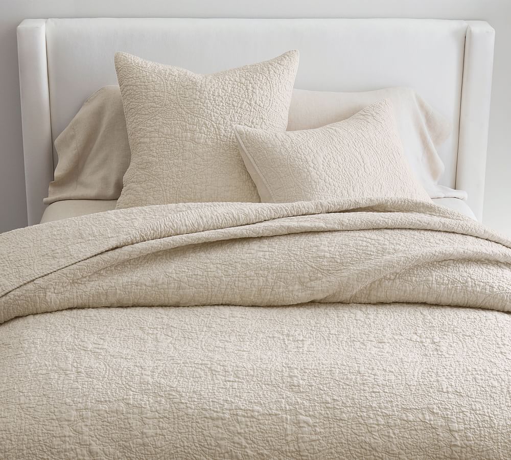 Belgian Flax Linen Floral Stitch Quilt - Flax, King/Cal. King