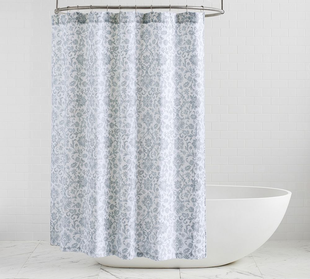 Chambray Floral Matelasse Shower Curtain - White/Blue, 72"