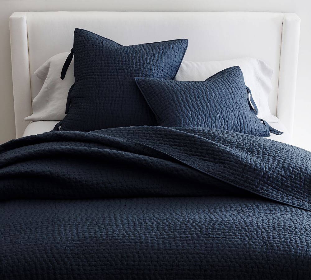Pick-Stitch Handcrafted Cotton Linen Quilt - Midnight Blue, Full/Queen