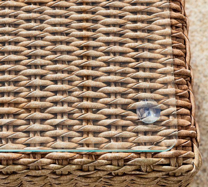Close-up of woven rattan texture on side of the coffee table, showing craftsmanship