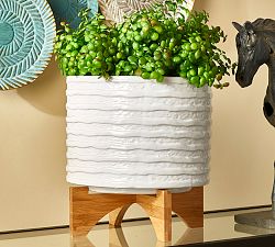 Kennedy Textured Ceramic Planters on Wooden Stand