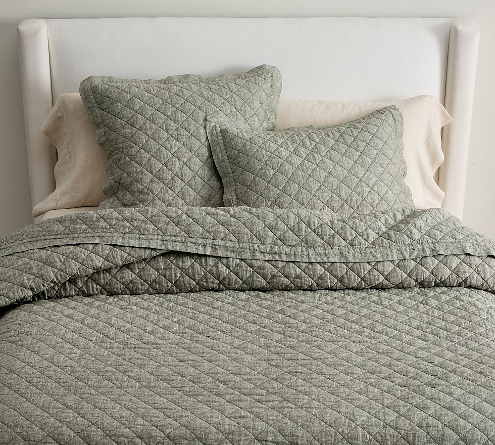 Belgian Flax Linen Diamond Quilt - Dark Green, King/Cal.King