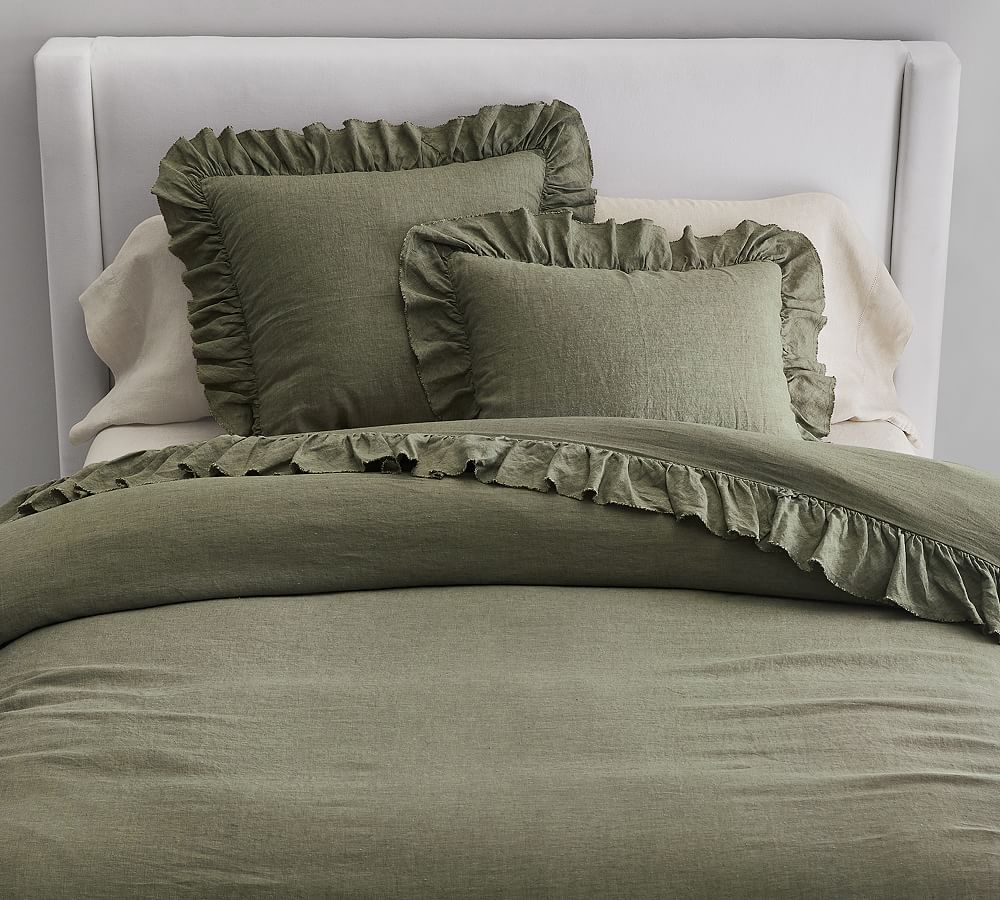Belgian Flax Linen Fringe Ruffle Duvet Cover - Loden, Full/Queen