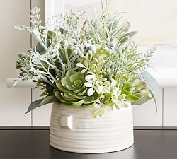 Faux Composed Evergreen Succulent Arrangement In Ceramic Planter