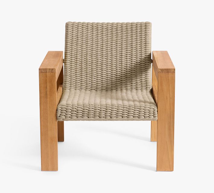 Beige woven armchair with wooden frame shown front view on white background