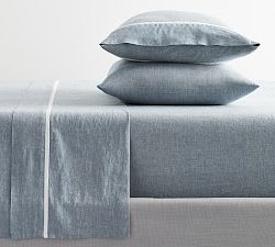 Open Box: Belgian Flax Linen Contrast Flange Sheet Set, Twin/Twin XL - Chambray/White
