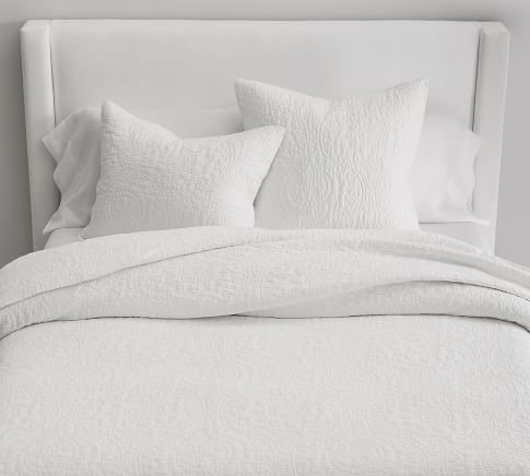 Belgian Flax Linen Floral Stitch Quilt, White, Double/Queen