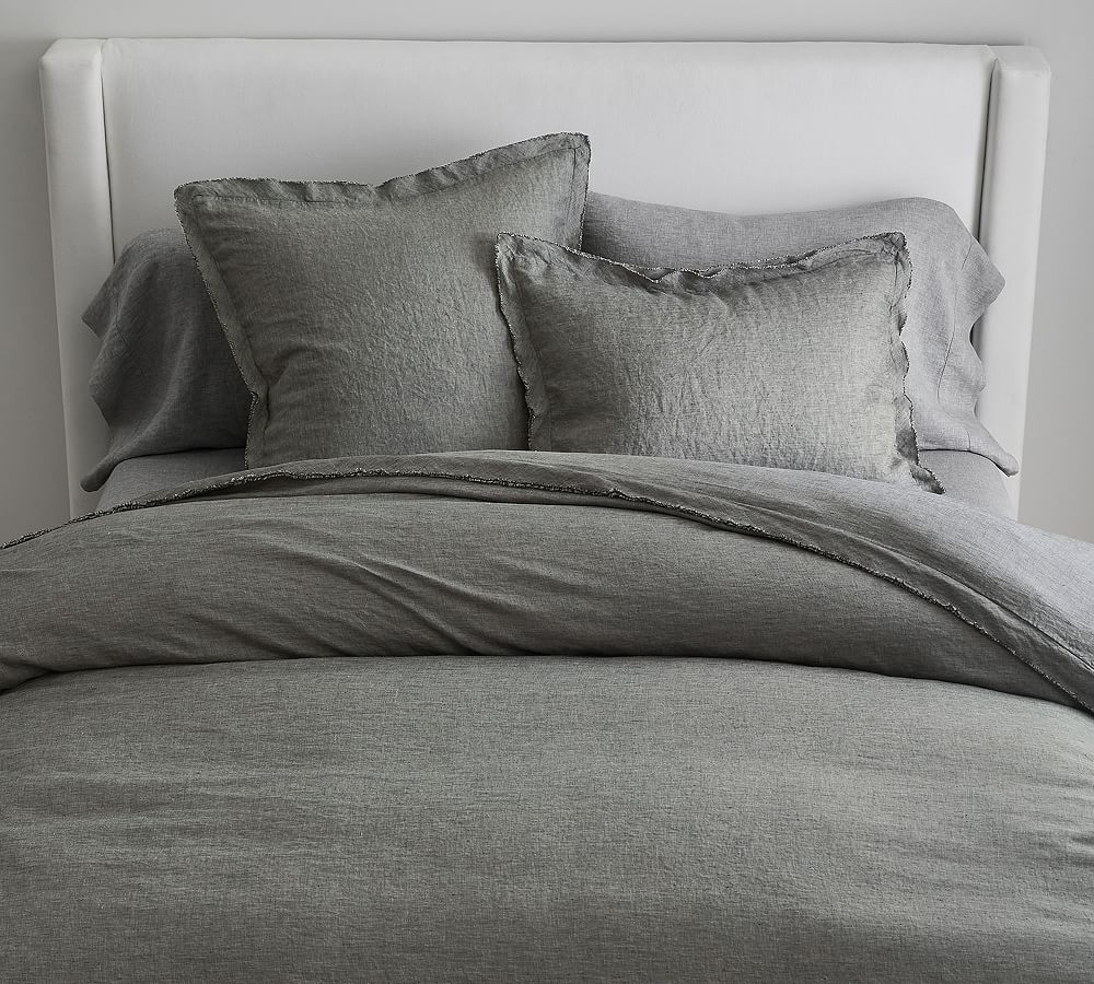 Belgian Flax Linen Double Flange Duvet Cover - Heathered Charcoal, Full/Queen