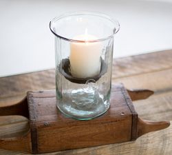 Handmade Glass Hurricane Candle Holder With Rustic Tray