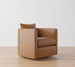 Open Box: Ayden Barrel Leather Swivel Armchair (32"), Polyester Wrapped Cushions - Statesville Caramel