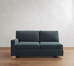 Open Box: Buchanan Modern Square Arm Upholstered Left Sofa - Performance Suede Indigo, Distressed Natural Legs