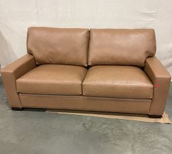 Open Box: Turner Square Arm Leather Loveseat Without Nailheads (74"), 39" Depth, 2 Seat Cushion - Churchfield Camel, Dark Walnut