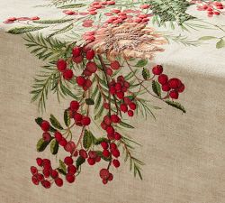 Holly Berry Embroidered Cotton/Linen Table Runner