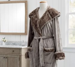 Faux Fur Hooded Bath Robe - Gray Tipped Alpaca