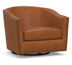 Open Box: Harlow Leather Swivel Armchair with Bronze Nailheads, Polyester Wrapped Cushions, Vintage Caramel