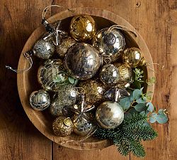 Mouth Blown Antique Gold &amp; Brass Ball Ornaments - Set of 6