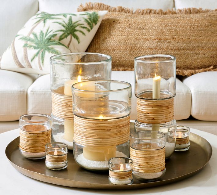 Palm Woven Rattan & Glass Hurricane Candle Holder | Pottery Barn